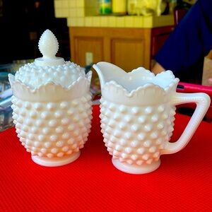 Fenton hobnail milk glass cream and sugar bowl with a lid( candy , cookie jar )
